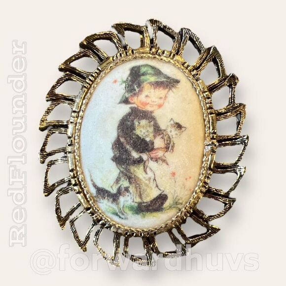 Hand-Painted MJ Hummel Style Porcelain Brooch in Bronze Oval Frame - Picture 4 of 10